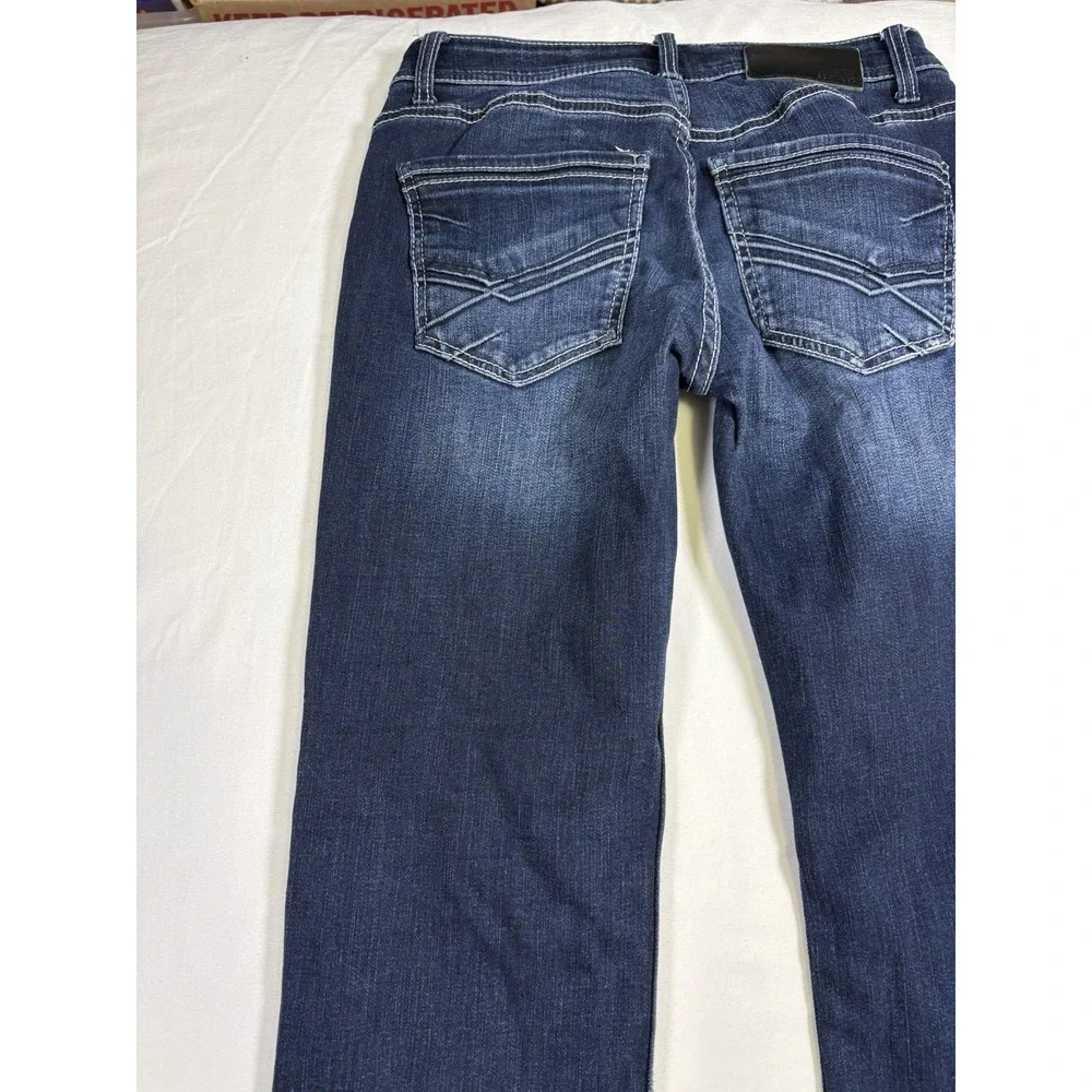 BKE Aiden Men's Jeans Size 27x30 Straight Leg Blue Denim Thick Stitch Buckle